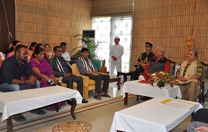 The Governor of Arunachal Pradesh Shri. P B  Acharya  and  State First Lady Smti. Kavita Acharya  with Shri. Susanta Kumar Chakraborty  , FAO and  Shri. Adhar Chandra Das, Driver during farewell function at Raj Bhavan on 28th April�2017